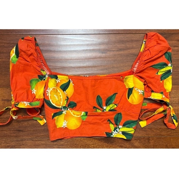 REVOLVE‎ X PRIVACY PLEASE Citrus Print Linen Square Neck Puff Sleeve Crop Top XS - Picture 4 of 10